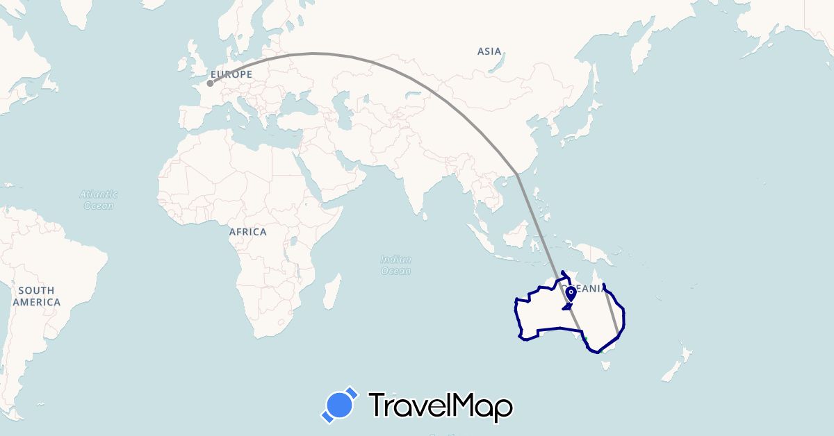 TravelMap itinerary: driving, bus, plane in Australia, France, Hong Kong (Asia, Europe, Oceania)